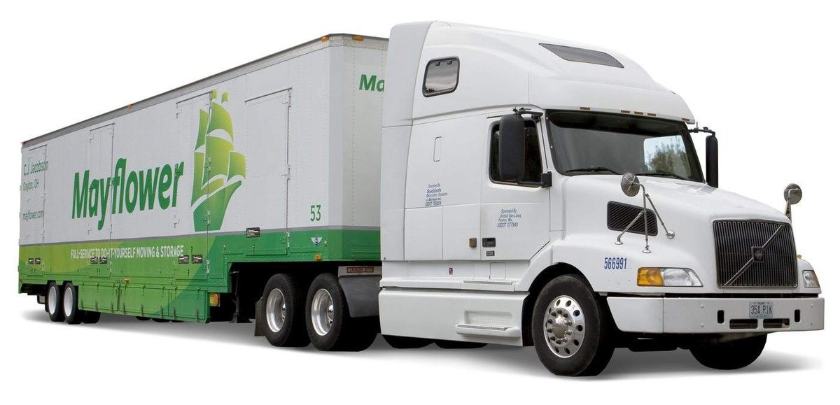 Mayflower Transit semi-trailer moving truck photographed in 2010 in three-quarter view.